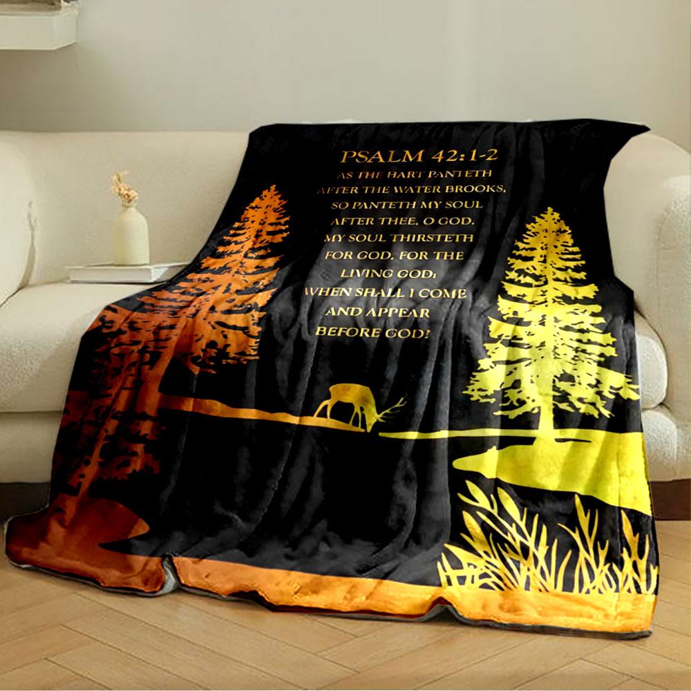 Golden trees, deer, and water silhouettes with Psalm text on black background. for all seasons blanket lunch break throw gift