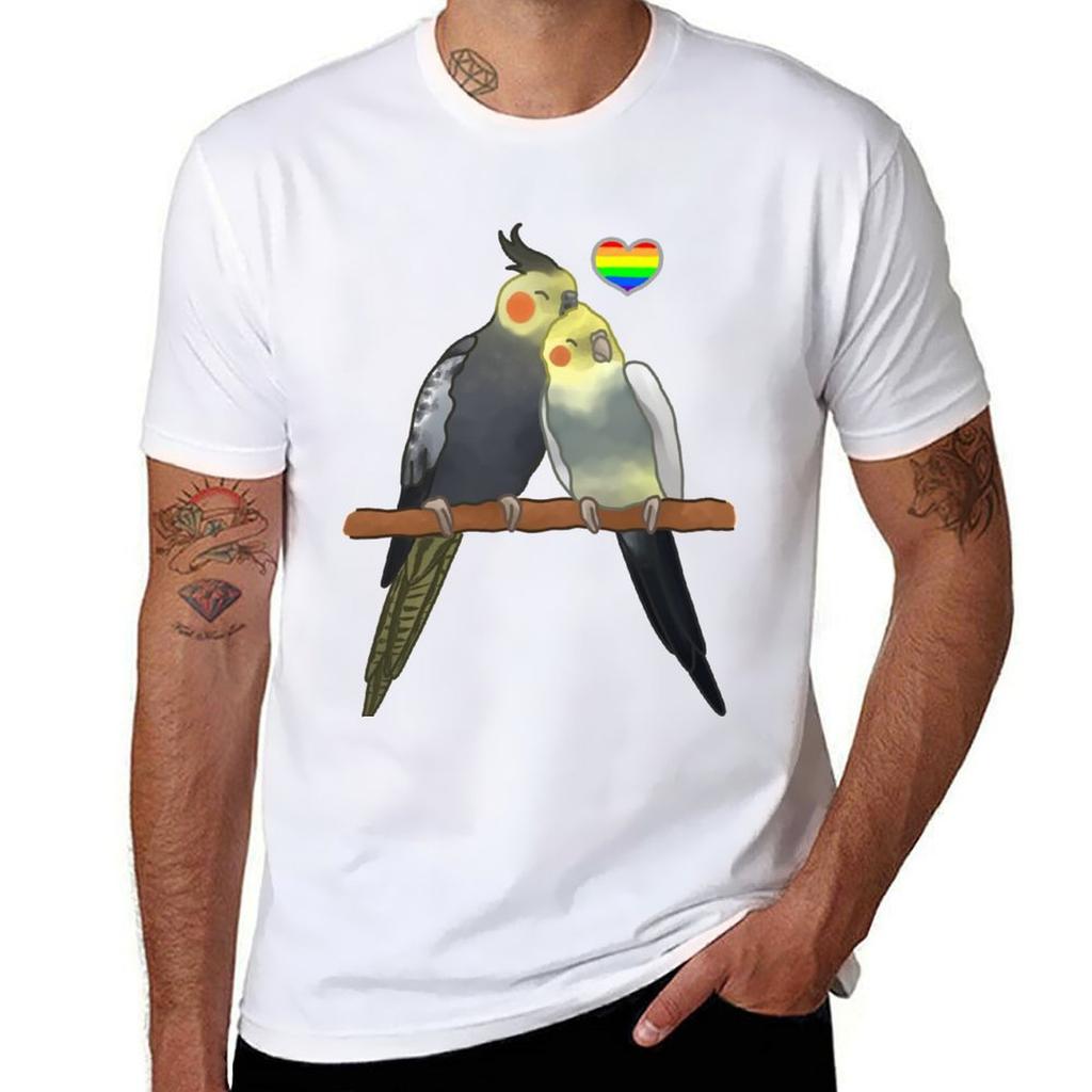 Lgbt Rainbow Cuddling Cockatiels TShirt Worker Basic Short Sleeve Tee TShirt
