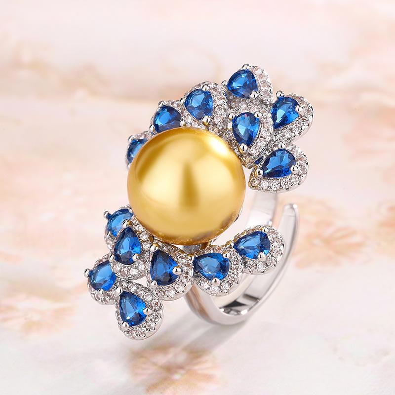 Кольцо с инкрустацией из платины и медного покрытия, синее жемчужное кольцо Jianchang, серое жемчужное кольцо с желтой бусиной и синей шпинелью
