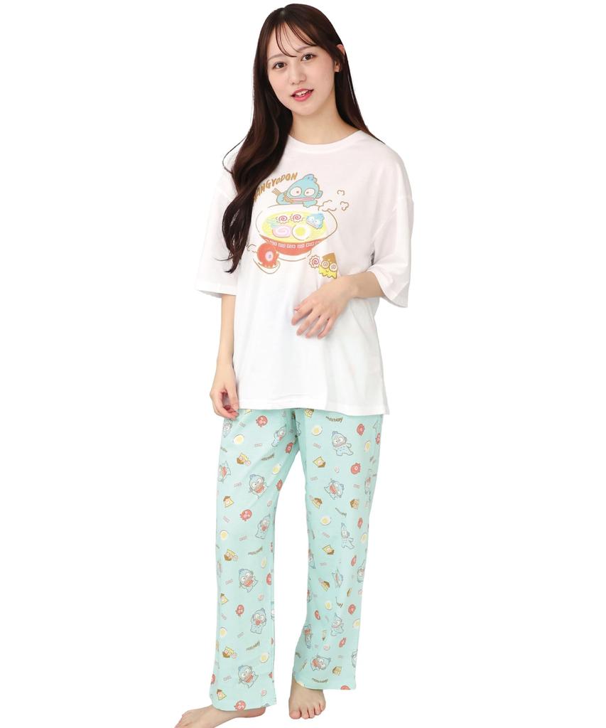 SAZAC Hangyodon Cotton Pajama Short Long and Top X Women's Set, Sleeves, Pants, T-Shirt, (White Mint/Medium/SAN1808)