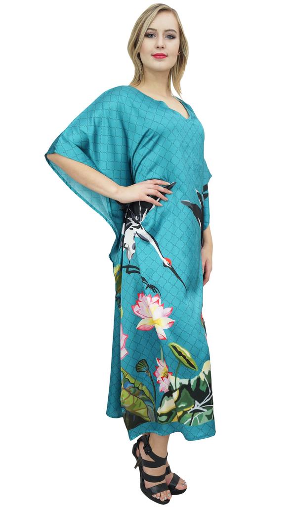 Bimba Женский атласный макси-кафтан с принтом птиц и цветов, бирюзовый