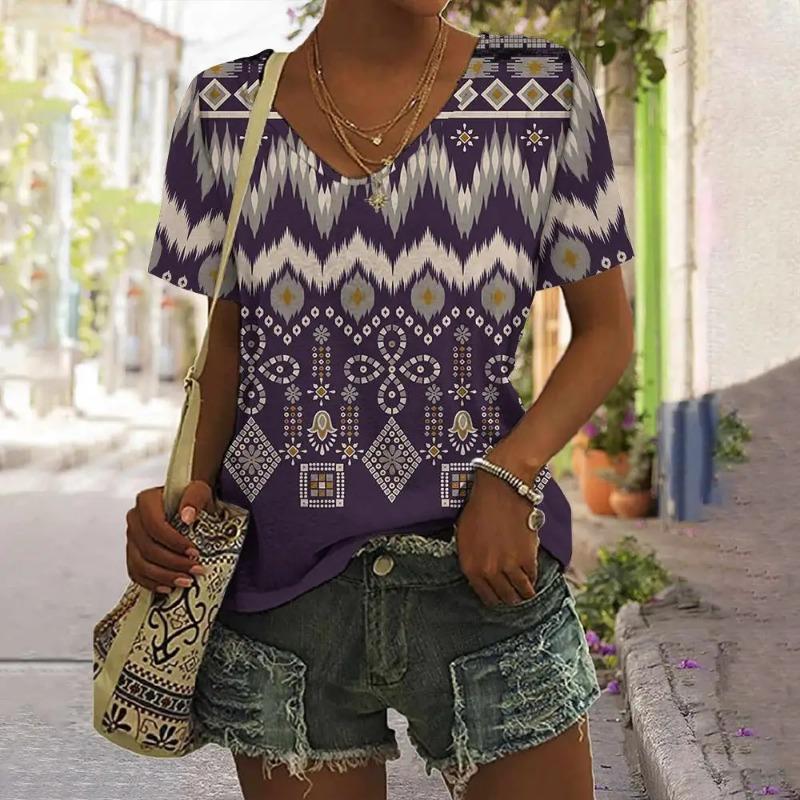 Bohemian Floral 3D Print T-Shirts Women V-Neck Short Sleeve T Shirt Streetwear Y2k Tops Harajuku Oversized Tees Woman Clothing