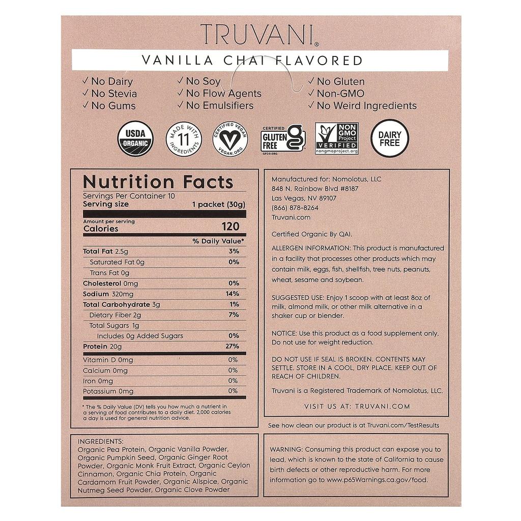 Truvani, Plant-Based Protein Powder, Vanilla Chai, 10 Packets, 1.08 oz (30.6 g)
