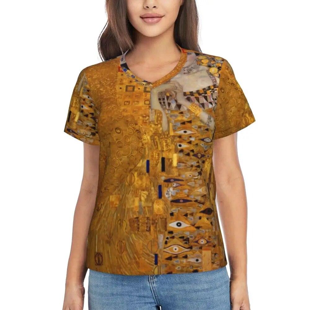 Gustav Klimt T Shirt The Kiss Hip Hop T-Shirts Women V Neck Basic Tops 2024 Beach Short Sleeve Pattern Clothes