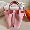 2024 Color-Matched Genuine Leather Bucket Bag, Lychee Grain Cowhide Handbag for Women
