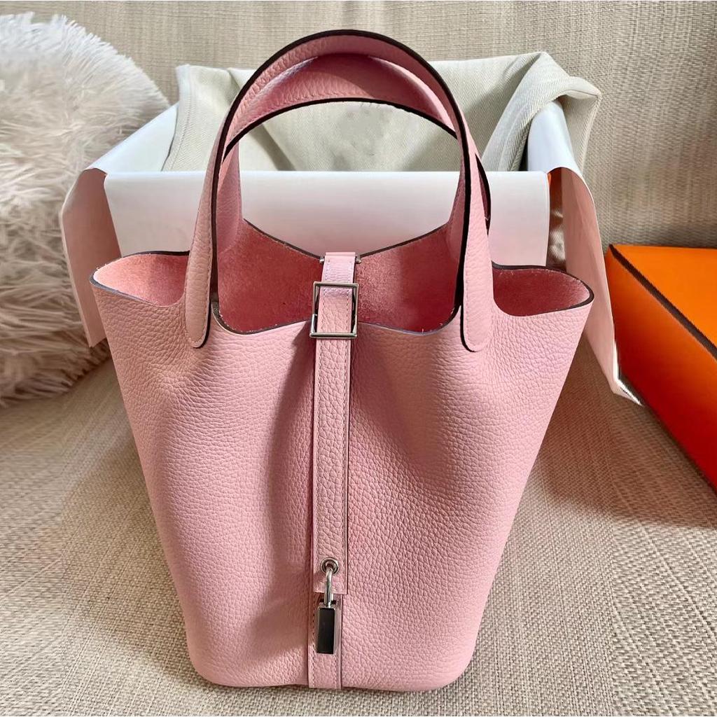 2024 Color-Matched Genuine Leather Bucket Bag, Lychee Grain Cowhide Handbag for Women