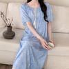 New Chinese style printed cotton and silk nightdress for women's summer thin short-sleeved medium and long round neck loose and can be worn outside 
