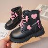 Pink/black Girls Leather Boots with Low Cut Anti Slip Side Zipper Winter Outdoor Girls Fashion Cotton BootsBotas Zapatos De Niña