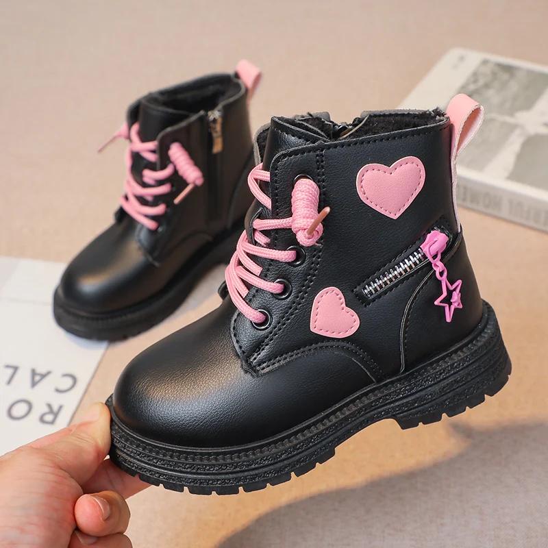 Pink/black Girls Leather Boots with Low Cut Anti Slip Side Zipper Winter Outdoor Girls Fashion Cotton BootsBotas Zapatos De Niña
