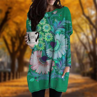 Новинка осени. Традиционное платье с цветочным принтом и большими размерами. Женское повседневное платье с круглым вырезом и длинными рукавами. Платья с карманами.