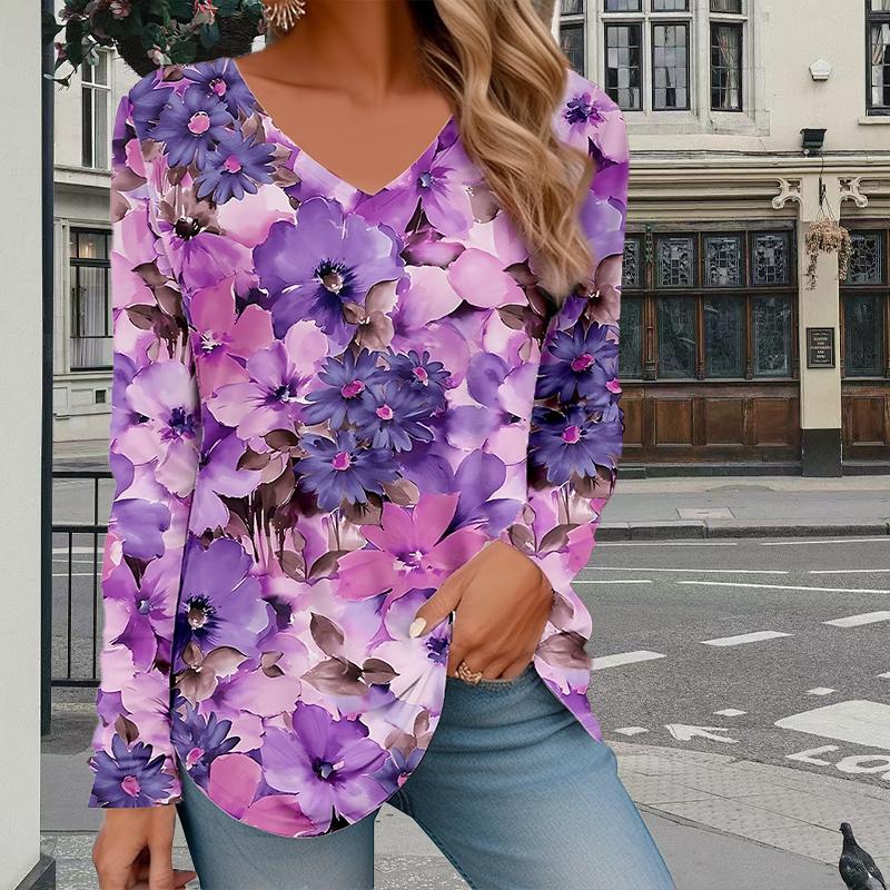 Женские футболки с принтом полевых цветов, женские топы, длинные рукава, V-образный вырез, пуловер, женские футболки, футболка для женщин