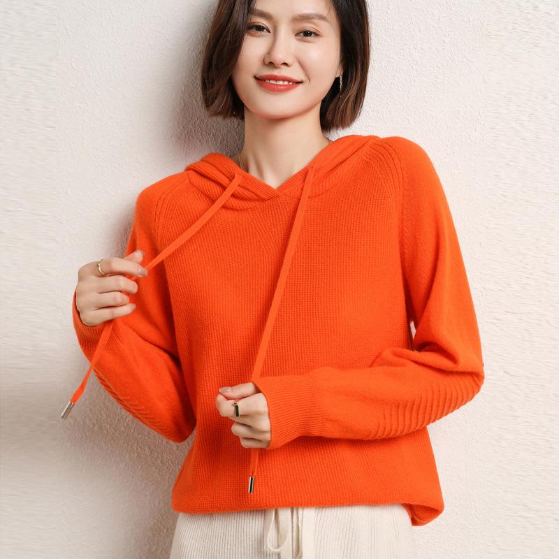 Spring and Autumn New Trendy Slim Short Solid Color Sweater Women's Loose Casual Hooded Jacket Pullover Knitted Sweater