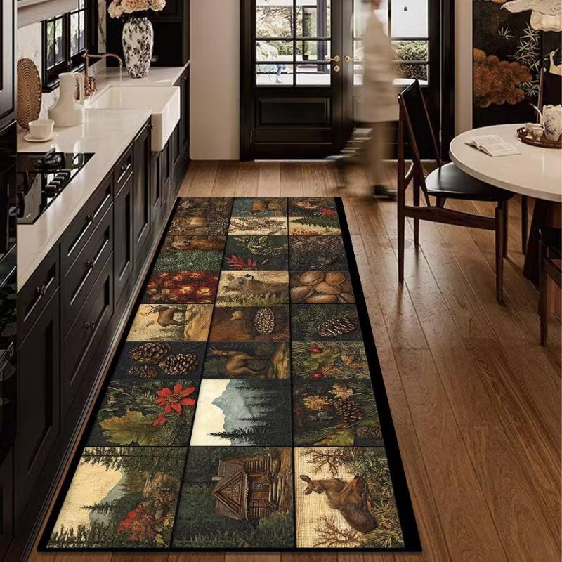 Retro Forest Wildlife Print Long Runner Rug Non Slip Water Resistant Mat Kitchen Hall Bedroom Front Door Home Decor