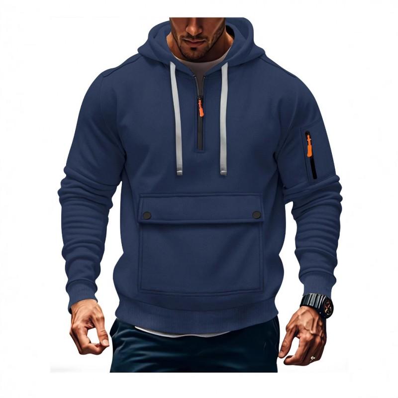 Mens Hooded Pullover Sweatshirt With Zippered Sleeve Pocket Loose Fit Casual Top