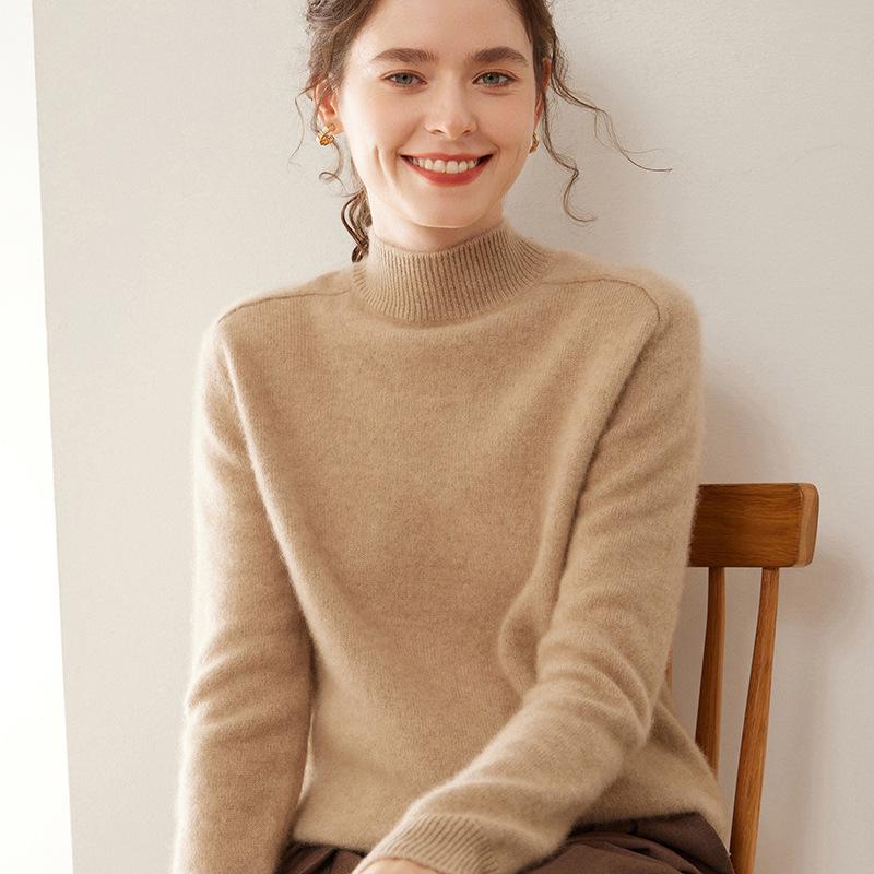 Женский кашемировый зимний свитер - Полувысокая горловина, Толстая вязка, Рукав реглан, Пуловер свободного кроя.