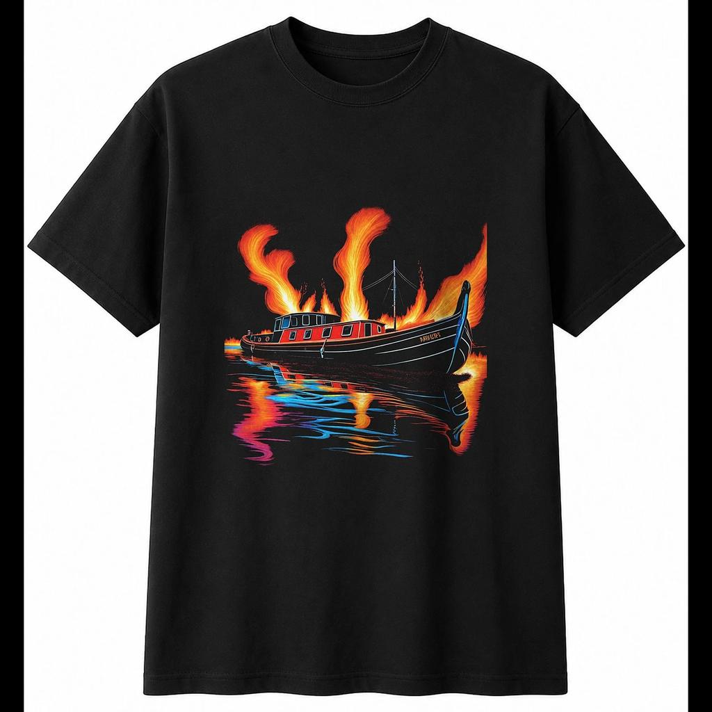 Neon Narrowboat in Flames Retro Mens T-Shirt Black 100% Cotton Vintage Printed