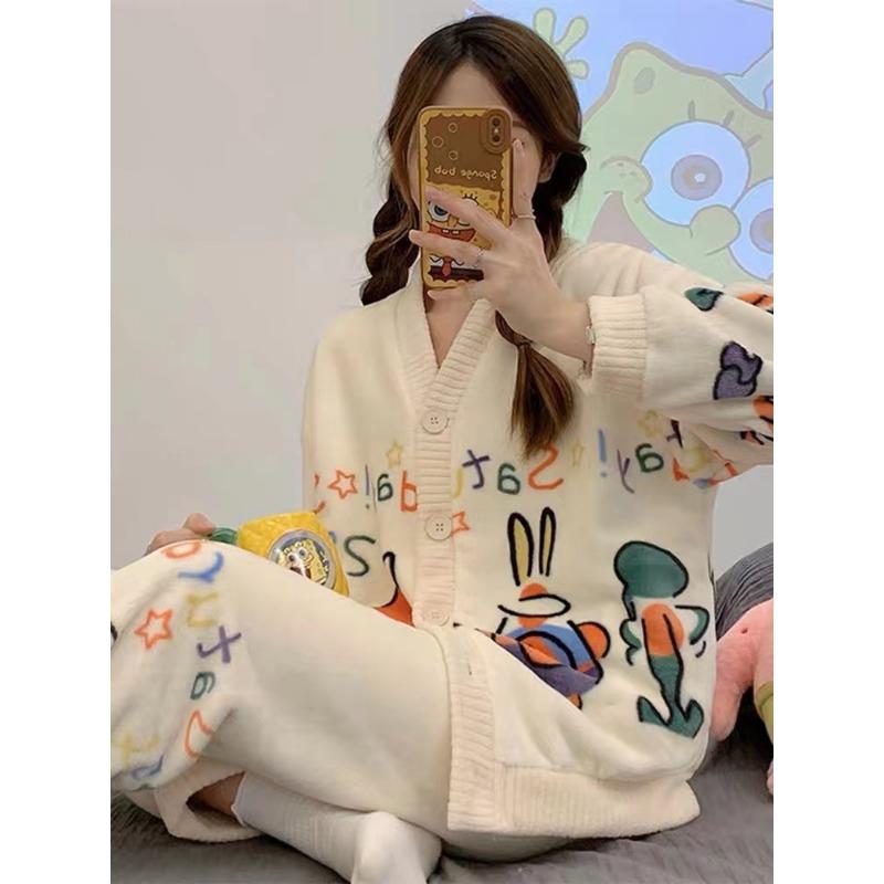 Sleepwear Set Thickened Warm Cute Sweet Cardigan Home Clothes for Women