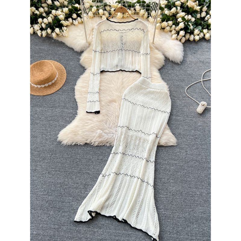 Кардиган-верхняя одежда в нежном французском стиле с ажурной вязкой + Облегающее платье-футляр с юбкой-годе, комплект из двух предметов