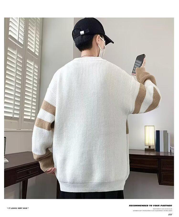 Мужской модный осенне-зимний вязаный свитер свободного кроя с цветными блоками