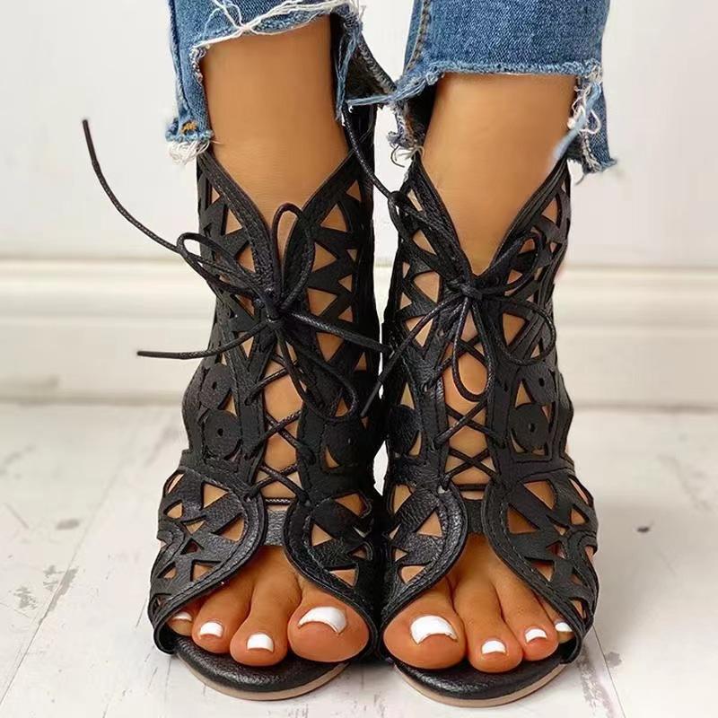 New Women's Peep Toe Sandals Summer Fashion Wedge Lace-up Hollow Roman Sandals Beach Shoes