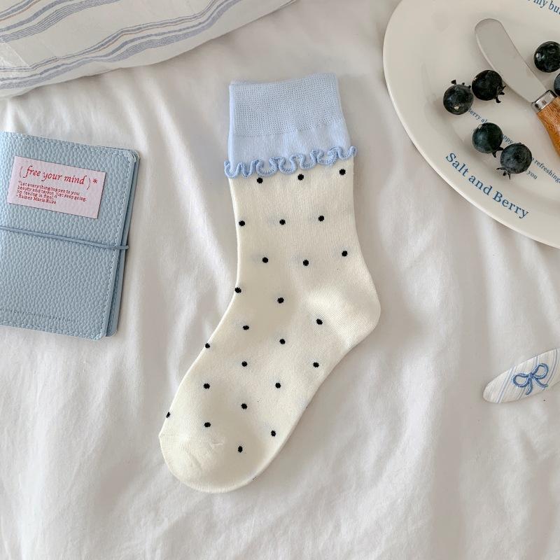 Радужные тканевые этикетки, ракушка, бант, носки в горошек для женщин, серые и синие полосатые, черные носки до середины икры с отделкой ушками