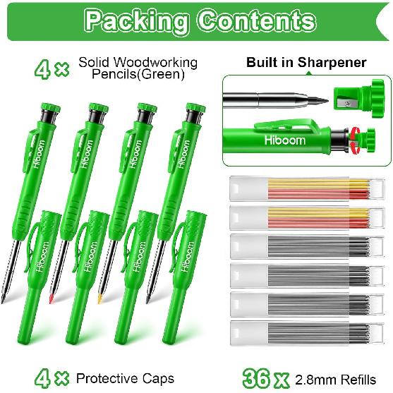 Hiboom 4 Pack Carpenter Pencils with 36 Refills (Red, Black, Yellow), 2.8 mm Heavy Duty Woodworking Marking Tool Built In Sharpener Ideal for Marking