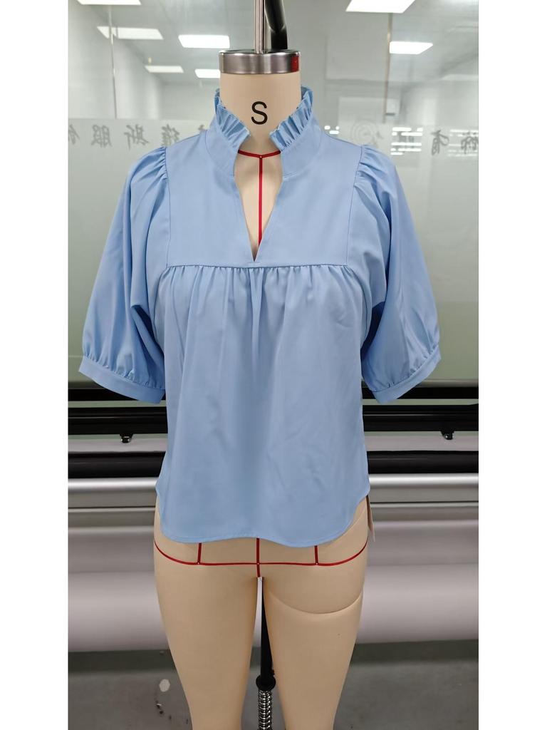 2025 Женская блузка с V-образным вырезом, свободным рукавом-фонариком, однотонная, повседневная, плиссированная - Европейский и американский стиль для работы