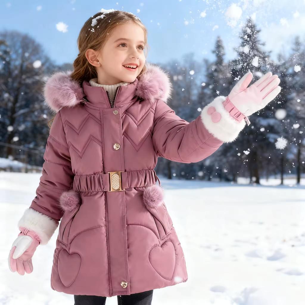 Winter Clothes Girls Medium To Long Length Coat Kids Snow Puffer Jacket Hooded Warm with Waist Belt and Pockets