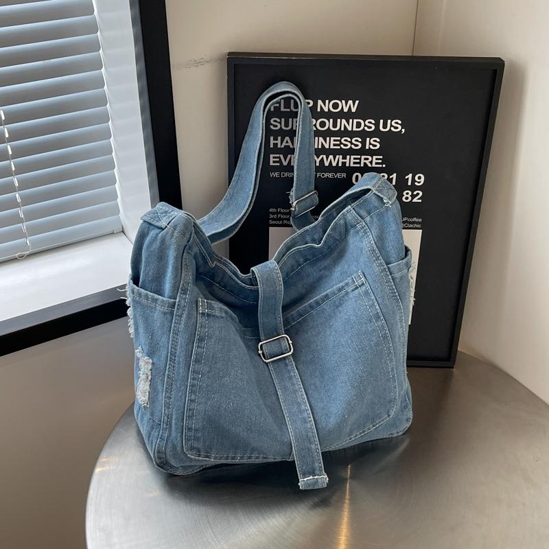 Large Capacity Women's Denim Shoulder Bags High Quality Sewing Thread Crossbody Bag