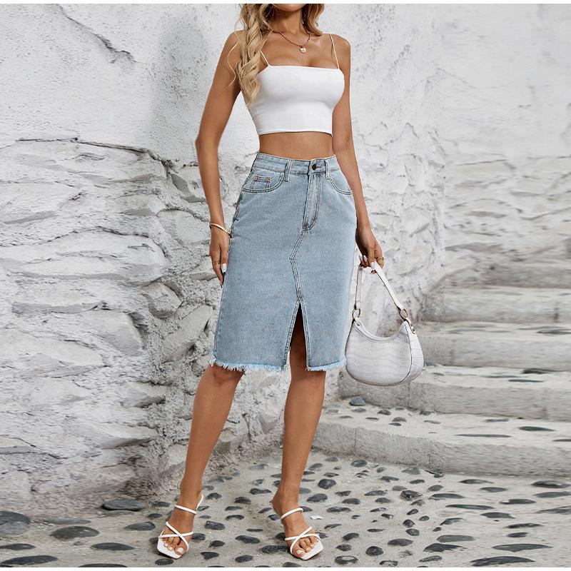 Юбки из денима для женщин, джинсы с высокой талией, потертым необработанным краем, юбка-клеш с карманами, летняя узкая юбка с разрезом и запахом