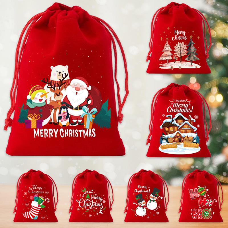 Velvet Christmas Bags With Drawstring - 7Pcs For Wrapping Christmas Party Favors Or Gifts For Friends, Children, Customers
