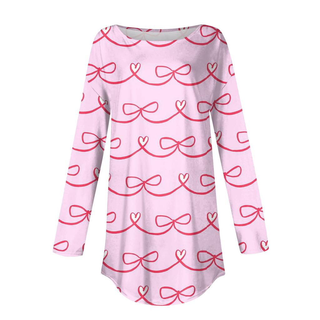 Women's Loose Casual Bow Printed Round Neck Long Sleeved T Shirt Top Pullover Long Sleeved Sweatshirt