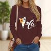Tops For Women Clumsy Cat Print Round Neck Long Sleeve T-shirt Fall Casual Slim Pullover Women's Long Sleeve Top