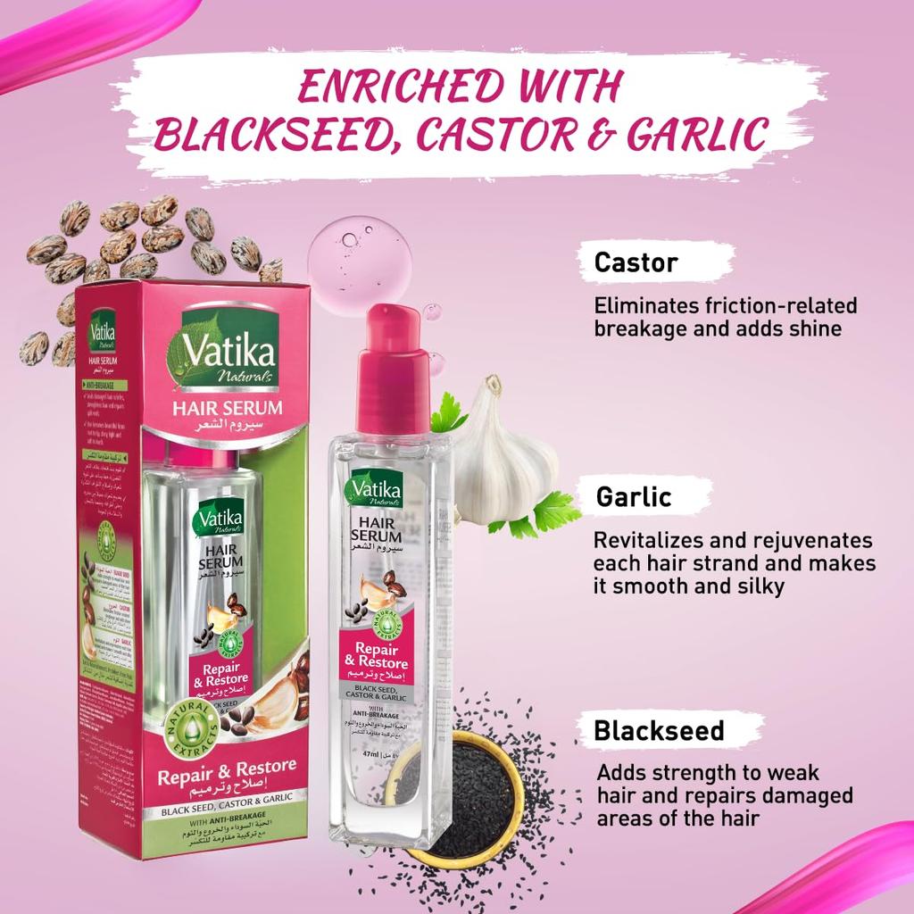 VATIKA Naturals Восстанавливающая и восстанавливающая сыворотка для волос (47мл) | Натуральный экстракт черного тмина, касторового масла и чеснока | Способствует предотвращению ломкости | Для всех типов волос