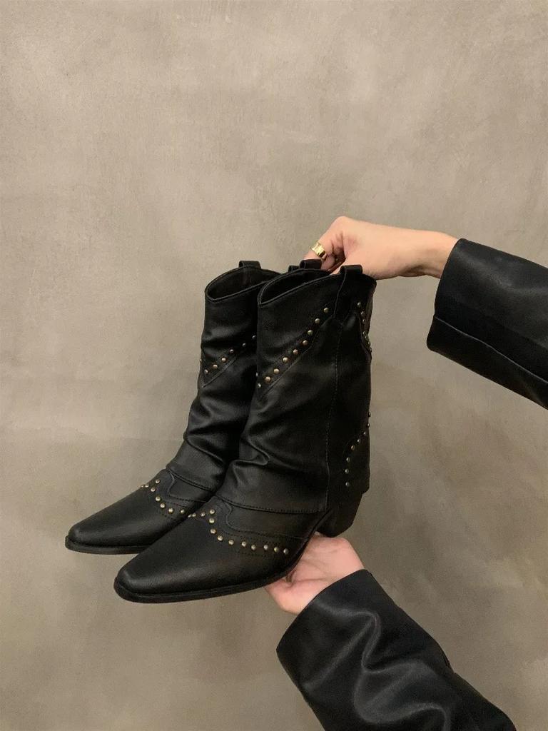 Модные женские ботинки Обувь для женщин в стиле вестерн-ковбой Толстый каблук Ретро Новый Рок Готика Середина икры Низкий острый носок Осень Зима Rivet2024