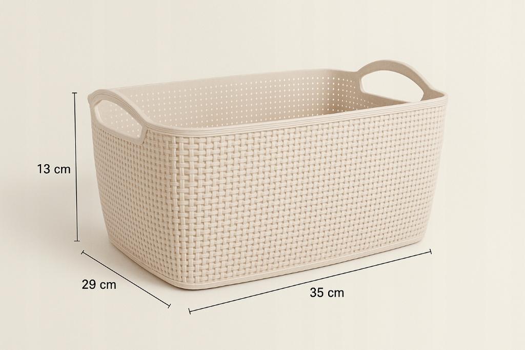 Koszyk plastikowy 35x29x13 cm beżowy, pleciony i praktyczny z uchwytami