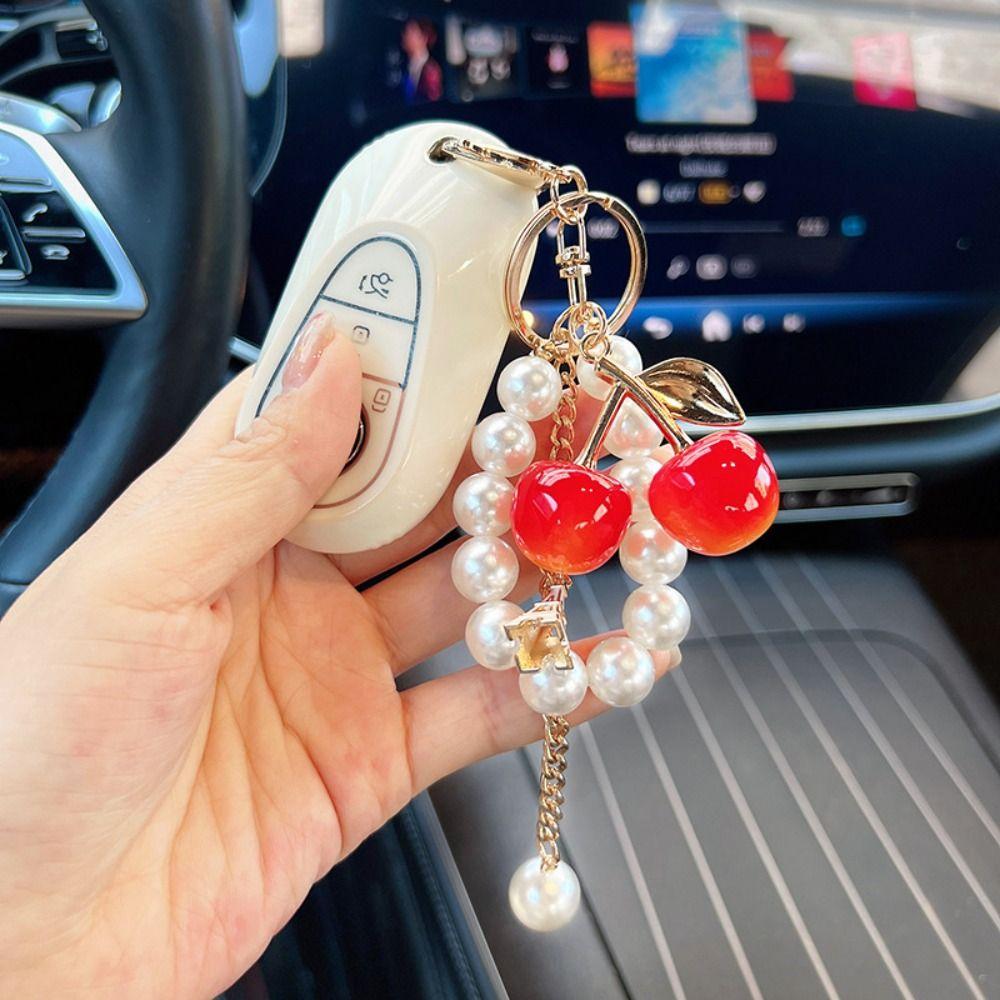 Alloy Bag Charm for Women Pendant Car Key Ring Cute Pearl Cherry Keychain Ladies Wallets