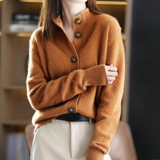 Женский свитер-пальто однобортный с воротником-стойкой и длинными рукавами, свободный трикотаж чистого цвета