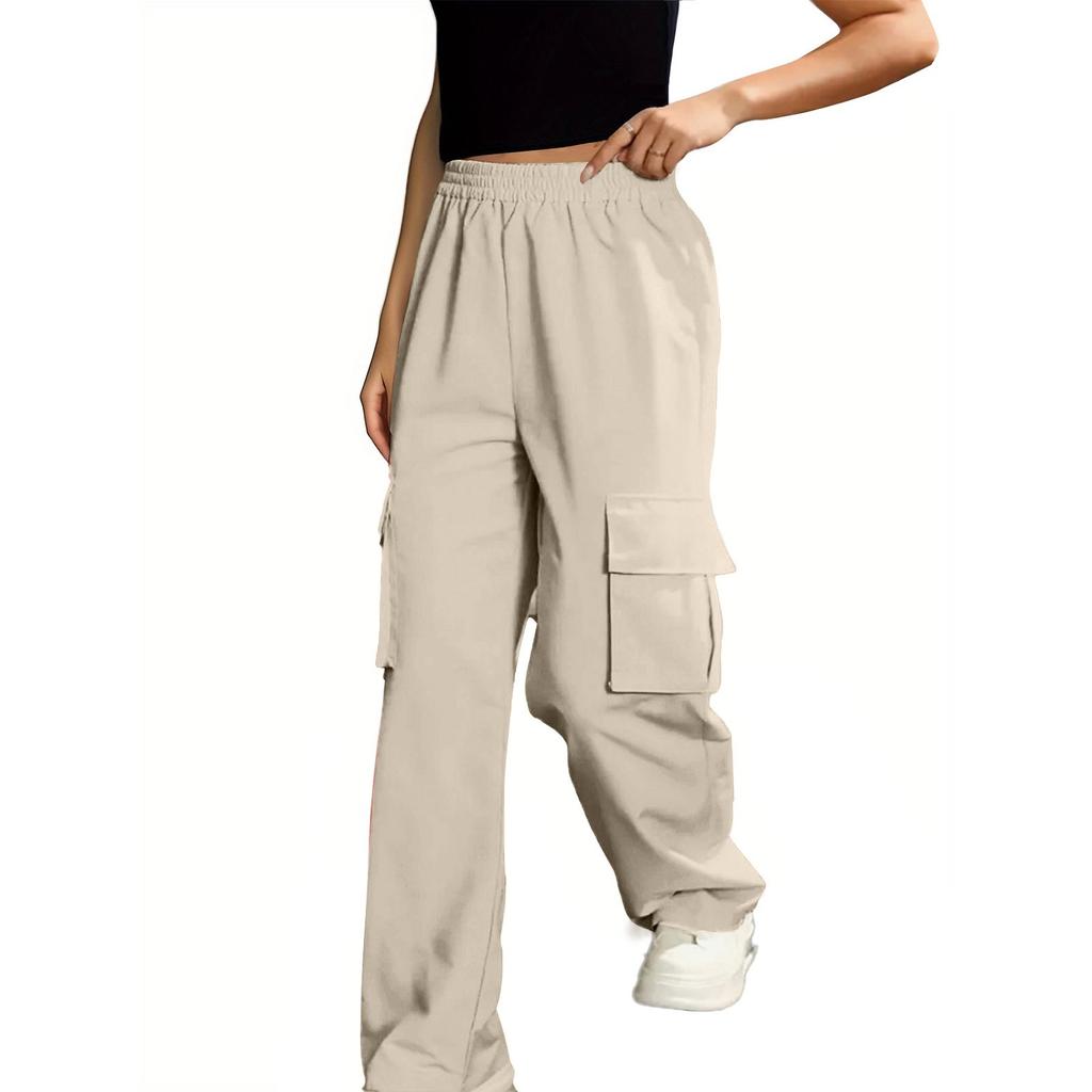 Женские модные повседневные спортивные однотонные брюки-карго с высокой талией и карманами-флипами