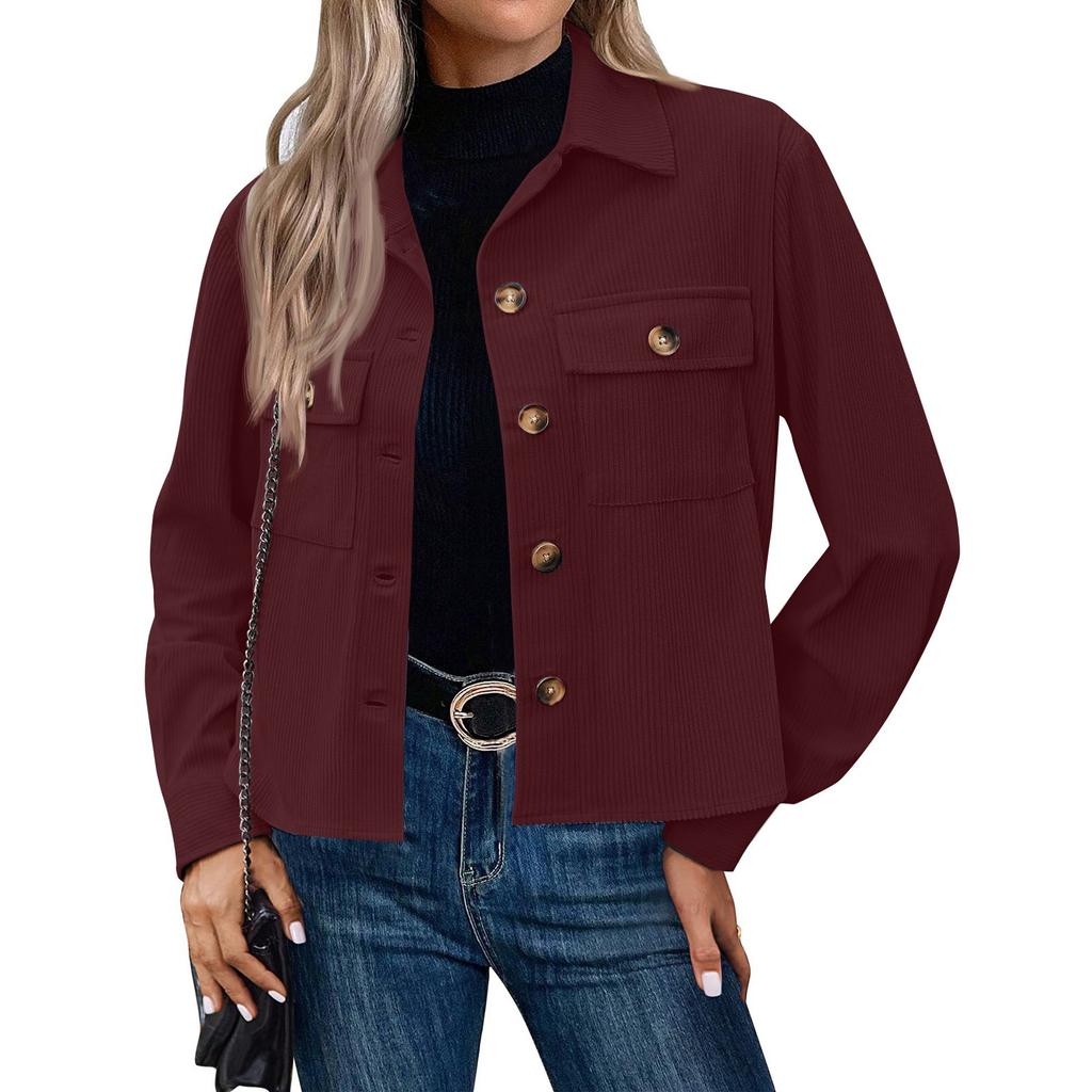 Women's Solid Color Casual Short Corduroy Button Jacket