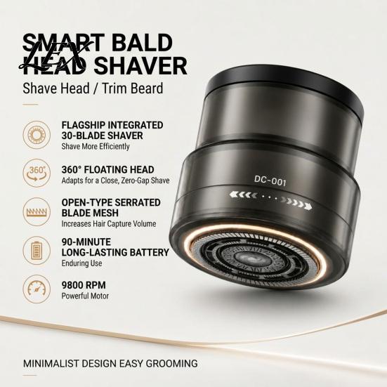 Portable Grooming Tool Electric Bald Head Shaver, Beard Trimmer with Digital Display, 360 Degree Wet Dry Shaver Floating Rotary for Men