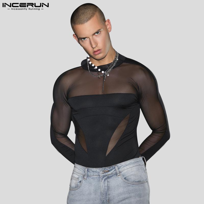 INCERUN Мужской прозрачный сетчатый купальник с длинными рукавами в стиле пэчворк, прозрачные комбинезоны