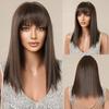 Medium Length Dark Brown Straight Synthetic Wigs with Bangs for Women Natural Looking Smooth Wig Heat Resistant Fiber