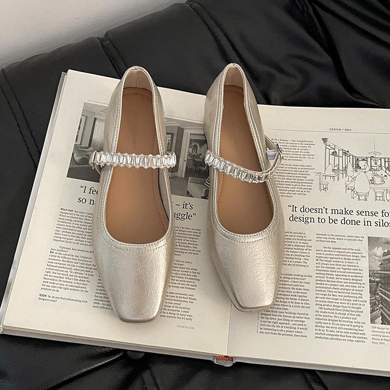 Fashion Temperament Rhinestone Word with Mary Jane Shoes Women's Summer New Simple Outer Wear Thick Heel Shoes
