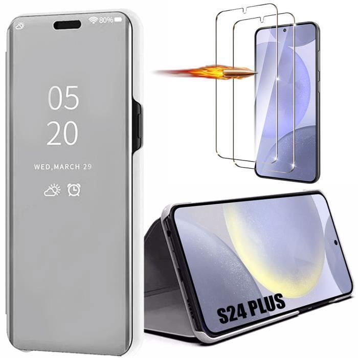 Чехол - BOOLING - S24+ S24 Plus - Зеркальный эффект - Жесткий откидной - Полупрозрачный серебристый - с 2 закаленными стеклами