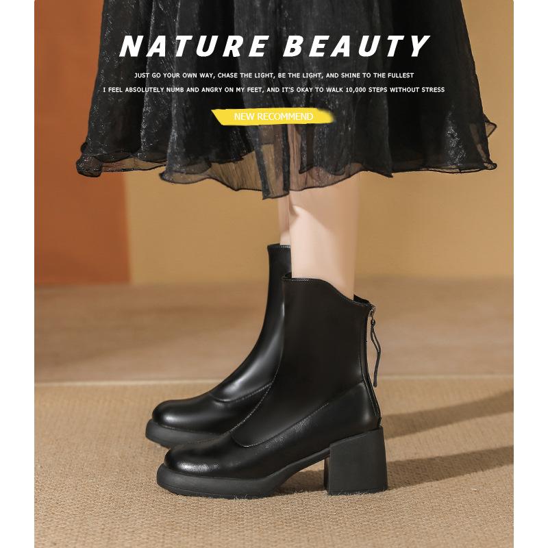 Осень и зима новые маленькие короткие ботинки женские толстый каблук тонкие ботинки круглый носок супермягкая толстая подошва белые короткие ботинки тренд