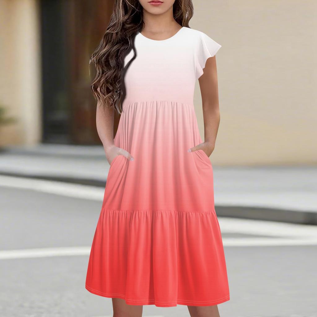 Детская юбка с круглым вырезом, плиссированная, с коротким рукавом, юбка принцессы, модное повседневное платье с карманами для девочек