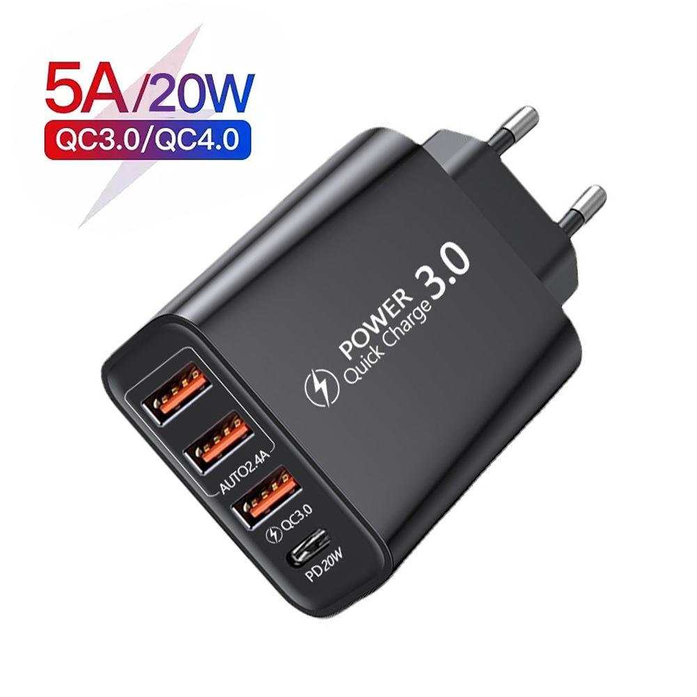 20 Вт PD 4 порта USB 5 В 4 А Адаптер питания для зарядки Зарядное устройство для мобильного телефона QC3.0 Зарядка EU/US Штепсельная розетка Дорожное зарядное устройство 110 В 220 В