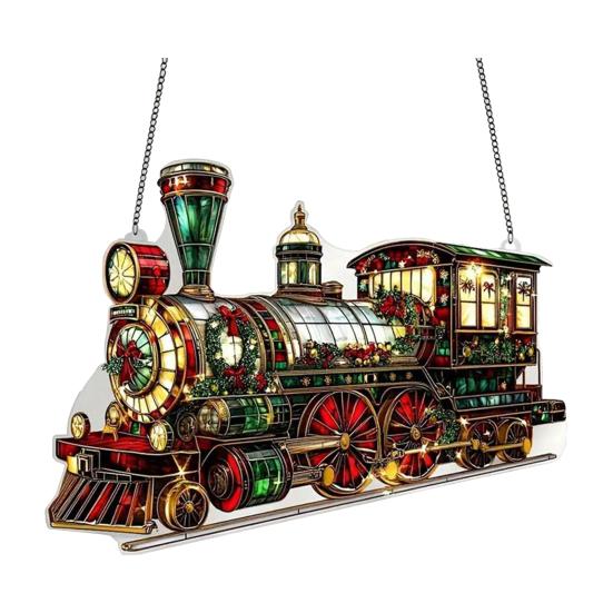 Акриловый ловец солнца Рождественские украшения Эффект витража 2D плоский Поезд/Рождественская елка/Дед Мороз Подвесное украшение на окно для праздничной елки дома