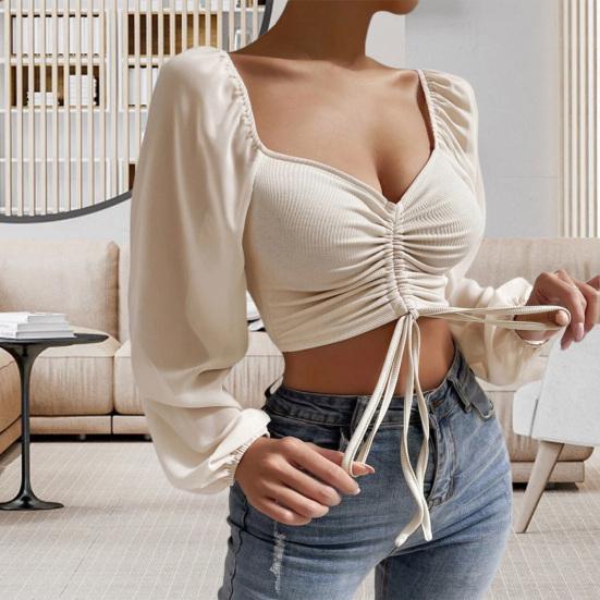 Укороченный топ с защитой от катышков, чистые цвета, сексуальный пуловер с квадратным воротником-фонариком и длинными рукавами